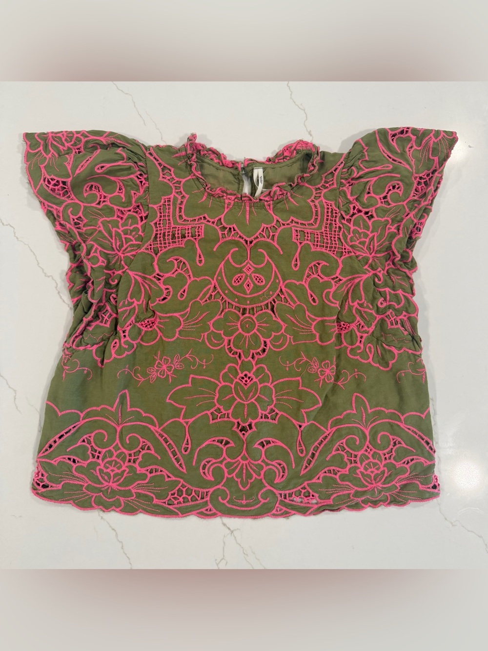 Anthropologie Olive Green Tunic with Bright Pink Embroidery